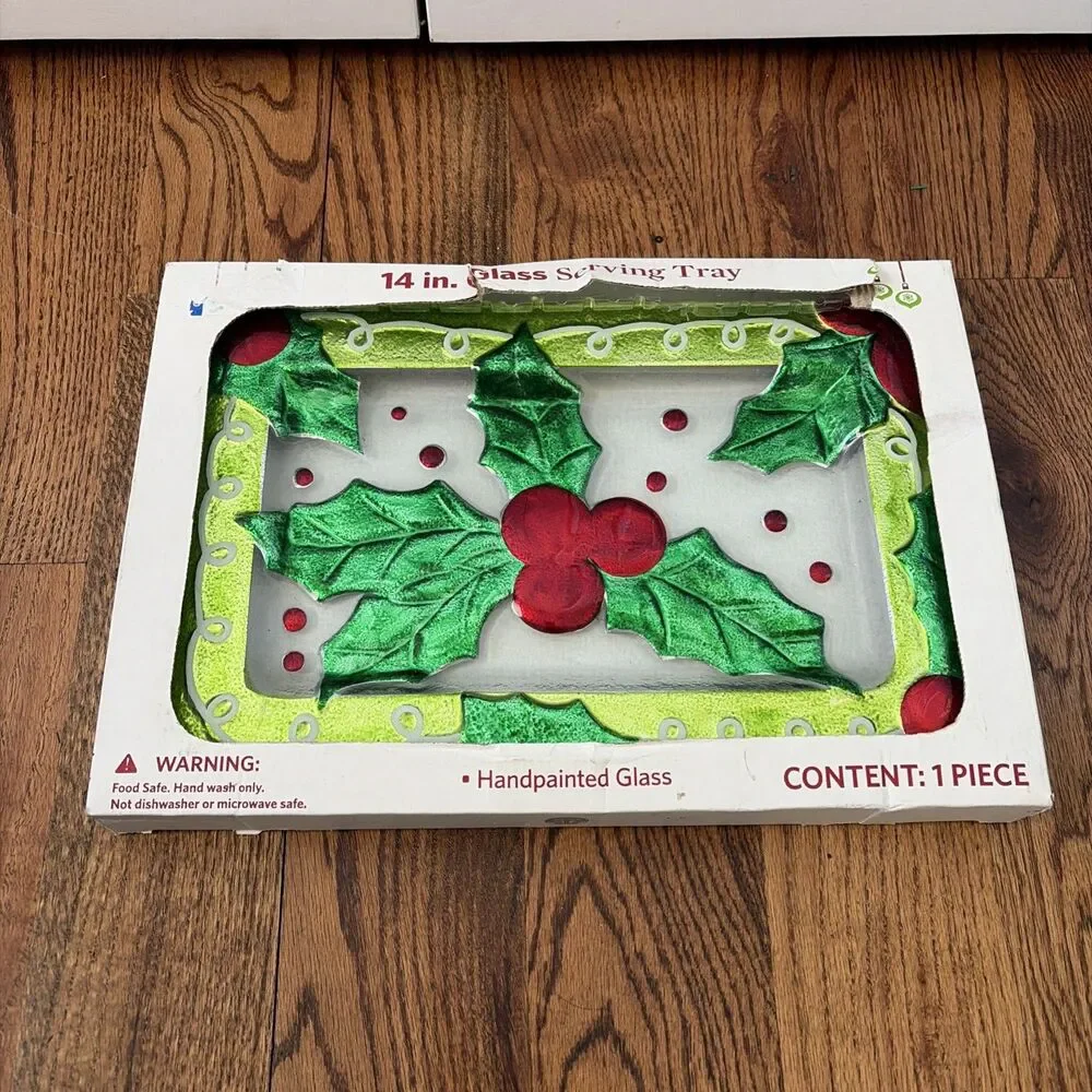 Christmas Holiday Holly and Berries Hand Painted 3D Glass 14